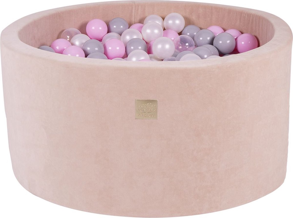 Ronde ballenbak VELVET 90x40 - Ecru incl 300 ballen - Transparant, Pastel Roze, Wit Pearl, Grijs | Ballenbakje.nl